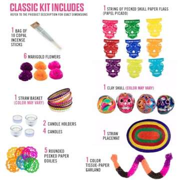 El Dia de Los Muertos Classic Decor KIT. With a 4.5" Hand-painted ceramic Skull. All You Need to Set-Up your Traditional Ofrenda or "Day of the Dead" Altar.