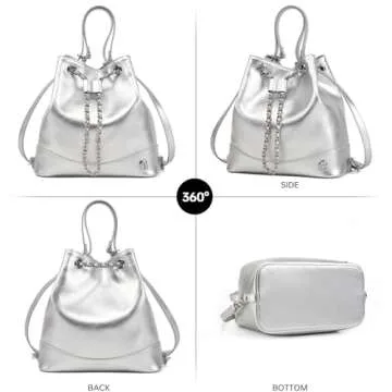 LA FESTIN Leather Purses for Women Cute Backpack Lightweight Shoulder Small Trendy Bucket Handbags with Strap Silver Chain(Silver)