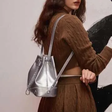 LA FESTIN Leather Purses for Women Cute Backpack Lightweight Shoulder Small Trendy Bucket Handbags with Strap Silver Chain(Silver)
