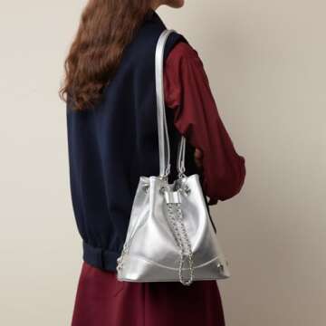 LA FESTIN Leather Purses for Women Cute Backpack Lightweight Shoulder Small Trendy Bucket Handbags with Strap Silver Chain(Silver)
