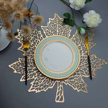 Snowkingdom 12 Pack Fall Gold Leaf Placemats for Dining, Metallic Table Decor