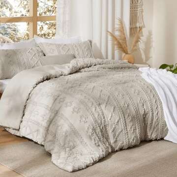 Bedsure Tufted Boho Comforter Set Full Size - Linen Boho Bed Set, 3 Pieces Farmhouse Shabby Chic Emb...