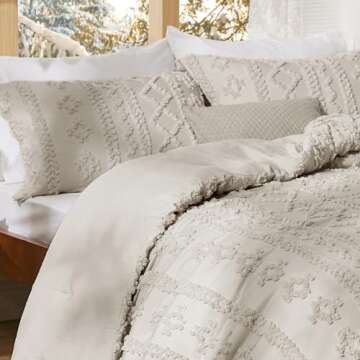 Bedsure Tufted Boho Comforter Set Full Size - Linen Boho Bed Set, 3 Pieces Farmhouse Shabby Chic Embroidery Bedding, Gifts for Woman, Soft Jacquard Full Comforter for All Seasons