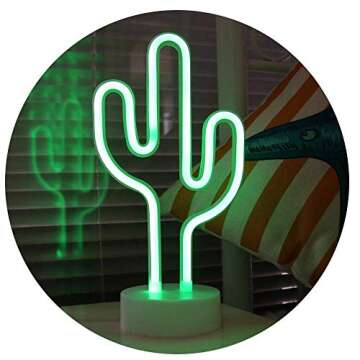 ENUOLI Green Cactus Neon Signs With Base LED Neon Light Sign USB 3-AA Battery Powered Light for Party Supplies Girls Room Decoration Accessory for Summer Party Table Decoration Children Kids Gifts