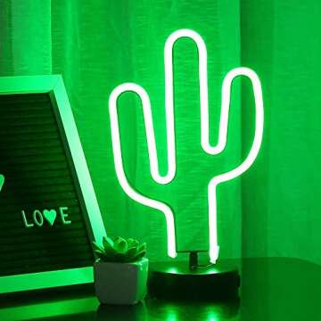 ENUOLI Green Cactus Neon Signs With Base LED Neon Light Sign USB 3-AA Battery Powered Light for Party Supplies Girls Room Decoration Accessory for Summer Party Table Decoration Children Kids Gifts