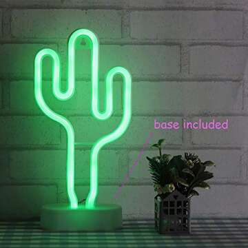 ENUOLI Green Cactus Neon Signs With Base LED Neon Light Sign USB 3-AA Battery Powered Light for Party Supplies Girls Room Decoration Accessory for Summer Party Table Decoration Children Kids Gifts