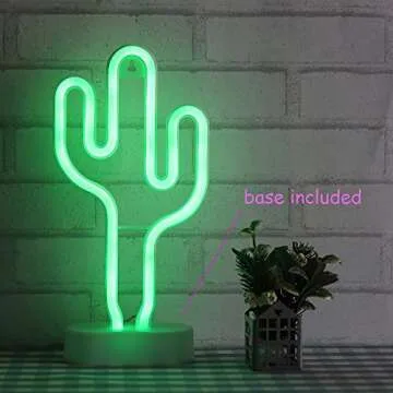ENUOLI Green Cactus Neon Signs With Base LED Neon Light Sign USB 3-AA Battery Powered Light for Party Supplies Girls Room Decoration Accessory for Summer Party Table Decoration Children Kids Gifts