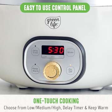GreenLife 6 Quart Ceramic Slow Cooker, PFAS-Free, Programmable, Removable Healthy Nonstick Pot for Family Meals, Sear on Stovetop, Keep Warm, Digital Timer, Dishwasher Safe Glass Lid & Crock, Cream