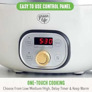 GreenLife 6 Quart Ceramic Slow Cooker, PFAS-Free, Programmable, Removable Healthy Nonstick Pot for Family Meals, Sear on Stovetop, Keep Warm, Digital Timer, Dishwasher Safe Glass Lid & Crock, Cream