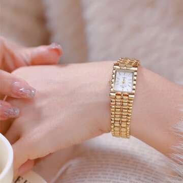 FANMIS Women Vintage Gold Watches Minimalism Square Ultra Thin Watch Updated Luxury Ladies Watch with Stainless Steel Bracelet Elegant Dress Small Face Gold Wrist Watch (White)