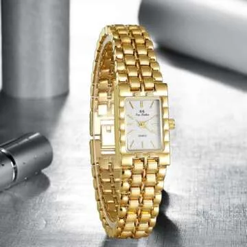 FANMIS Women Vintage Gold Watches Minimalism Square Ultra Thin Watch Updated Luxury Ladies Watch with Stainless Steel Bracelet Elegant Dress Small Face Gold Wrist Watch (White)