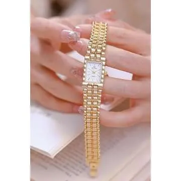 FANMIS Women Vintage Gold Watches Minimalism Square Ultra Thin Watch Updated Luxury Ladies Watch with Stainless Steel Bracelet Elegant Dress Small Face Gold Wrist Watch (White)