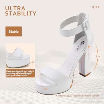 IDIFU IN5 Sabrina White Heels Platform Heels Block Heels Chunky High Heeled Sandals for Women Sexy Ankle Strap Heels Wedding Party Dress Shoes Open Toe Heels(White Pu 8.5)