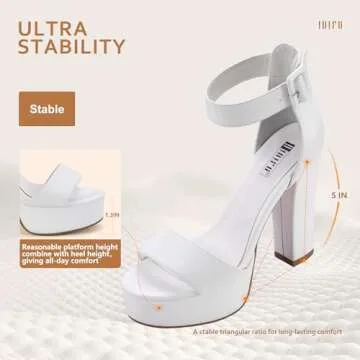 IDIFU IN5 Sabrina White Heels Platform Heels Block Heels Chunky High Heeled Sandals for Women Sexy Ankle Strap Heels Wedding Party Dress Shoes Open Toe Heels(White Pu 8.5)