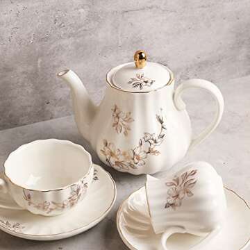 Porcelain Tea Sets British Royal Series - 8 OZ Cups & Saucer for 6, Includes Teapot