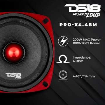 DS18 PRO-X4.4BM Loudspeaker - 4", Midrange, Red Aluminum Bullet, 200W Max, 100W RMS, 4 Ohms - Premiu...