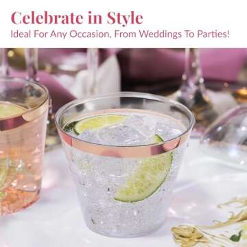 Prestee 100 Rose Gold Plastic Cups - Rose Gold Plastic Cups 9 oz - Rose Gold Party Decorations - Ros...