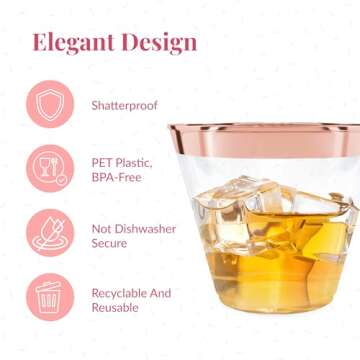 Prestee 100 Rose Gold Plastic Cups - Rose Gold Plastic Cups 9 oz - Rose Gold Party Decorations - Rose Gold Cups Disposable - Plastic Wine Cups - Clear Cups Rose Gold - Bulk Party Glasses