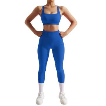 RXRXCOCO Ribbed Workout Sets for Women 2 Piece Backless Strappy Sports Bra Seamless Leggings Matching Set Yoga Outfits Blue Small