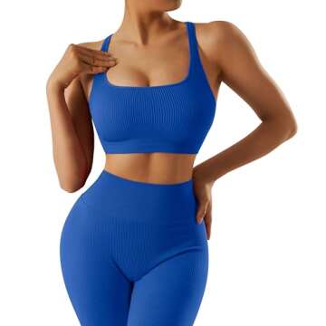 RXRXCOCO Ribbed Workout Sets for Women 2 Piece Backless Strappy Sports Bra Seamless Leggings Matching Set Yoga Outfits Blue Small