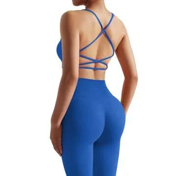 RXRXCOCO Ribbed Workout Sets for Women 2 Piece Backless Strappy Sports Bra Seamless Leggings Matching Set Yoga Outfits Blue Small