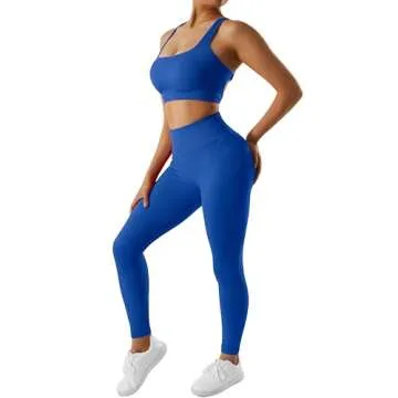 RXRXCOCO Ribbed Workout Sets for Women 2 Piece Backless Strappy Sports Bra Seamless Leggings Matching Set Yoga Outfits Blue Small