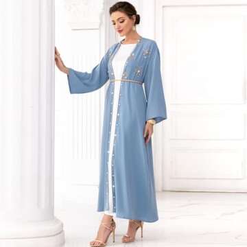Abaya Dress for Women Muslim Open Front Cardigan Rhinestones Robe Arabs Kaftan Long Sleeve Maxi Belt Dress Party Dress Muslim Clothes For Women Traditional Arabic Cardigan Modi Blue Cardigan M