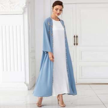 Abaya Dress for Women Muslim Open Front Cardigan Rhinestones Robe Arabs Kaftan Long Sleeve Maxi Belt Dress Party Dress Muslim Clothes For Women Traditional Arabic Cardigan Modi Blue Cardigan M