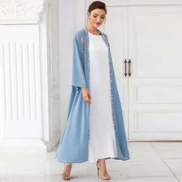 Abaya Dress for Women Muslim Open Front Cardigan Rhinestones Robe Arabs Kaftan Long Sleeve Maxi Belt Dress Party Dress Muslim Clothes For Women Traditional Arabic Cardigan Modi Blue Cardigan M