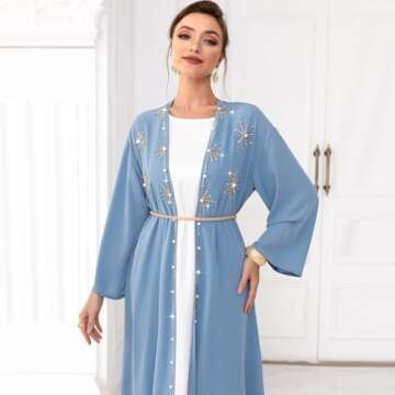 Abaya Dress for Women Muslim Open Front Cardigan Rhinestones Robe Arabs Kaftan Long Sleeve Maxi Belt Dress Party Dress Muslim Clothes For Women Traditional Arabic Cardigan Modi Blue Cardigan M