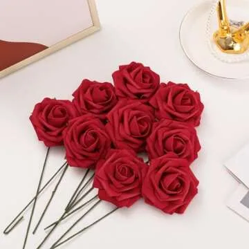 Jelofly Artificial Flowers Red Roses 50pcs Real Looking Fake Flowers Foam Roses w/Stem DIY Wedding Bouquets Centerpieces Baby Shower Party Home Decorations