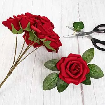 Jelofly Artificial Flowers Red Roses 50pcs Real Looking Fake Flowers Foam Roses w/Stem DIY Wedding Bouquets Centerpieces Baby Shower Party Home Decorations