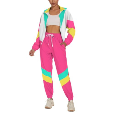 UOUA Women's Color Block 2 Piece 80s 90s Outfits Long Sleeve Windbreaker Jacket Tracksuit Set PinkWh...