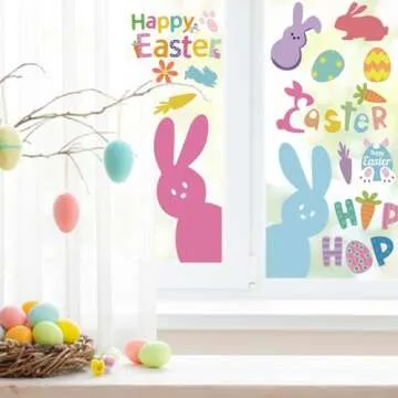 9 Sheet Easter Window Clings Decorations, Easter Decorations for Glass Windows, Holiday Decals for Bunny Radish Eggs Party Easter Supplies