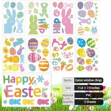 9 Sheet Easter Window Clings Decorations, Easter Decorations for Glass Windows, Holiday Decals for Bunny Radish Eggs Party Easter Supplies