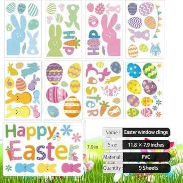 9 Sheet Easter Window Clings Decorations, Easter Decorations for Glass Windows, Holiday Decals for Bunny Radish Eggs Party Easter Supplies
