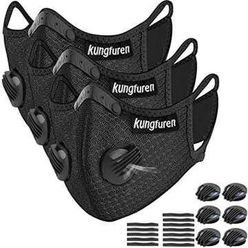 kungfuren 3 Sets Sports Cycling Masks with Activated Carbon Filter, Cycling Mask with 6 Breathing Valve and 12 Soft Foam Padding for Walking Running Cycling