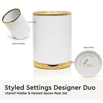 Stylish White Utensil Holder with Gold Spoon Rest