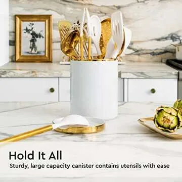 Stylish White Utensil Holder with Gold Spoon Rest