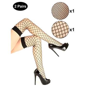 Zhanmai 2 Pairs Women's Fishnet Thigh High Stockings Black over Knee Fishnet Stocking for Women