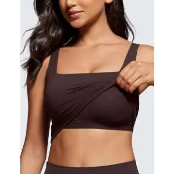 CRZ YOGA Butterluxe Womens Square Neck Longline Sports Bra - Workout Crop Tank Tops Padded Yoga Camisole with Built in Pads Hot Fudge Brown Medium