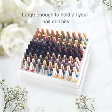 Nail Drill Bits Holder, CORFULRA Nail Organizer Box for Nail Drill Bits, Large Space of Container Case for Drill Bits, 100 Holes Dustproof Displayer Box of Nail Supplies for Nail Tech, White