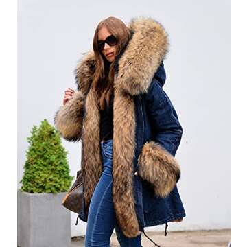 Roiii Plus Size Womens Military Hooded Warm Winter Coats Faux Fur Lined Parkas (X-Large, Blue Denim)