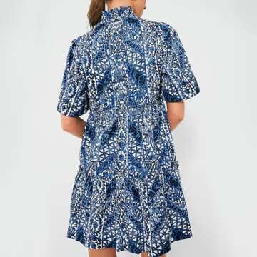 Womens 2024 Summer Mini Dress V-Neck Short Sleeve Blue Floral Sundress Flowy Swing A-Line Casual Dre...