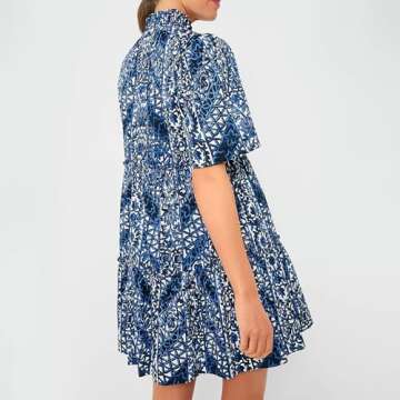 Womens 2024 Summer Mini Dress V-Neck Short Sleeve Blue Floral Sundress Flowy Swing A-Line Casual Dress