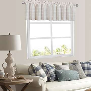 Shunjie.Home Farmhouse Valances for Windows, Light Filtering Linen Plaid Curtain Valances, Semi Sheer Window Valance for Kitchen Bedroom Bathroom Living Room (Light Beige, 52" x 18")