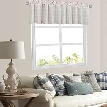 Shunjie.Home Farmhouse Valances for Windows, Light Filtering Linen Plaid Curtain Valances, Semi Sheer Window Valance for Kitchen Bedroom Bathroom Living Room (Light Beige, 52" x 18")