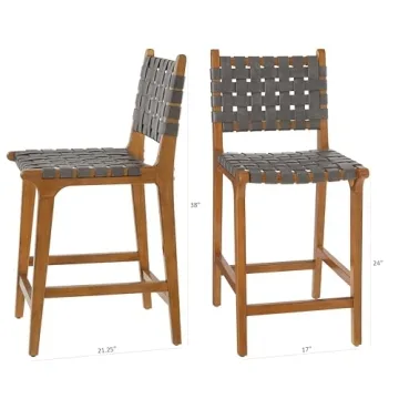 Ball & Cast Faux Leather Woven Counter Height Stool Kitchen Wooden Barstools, 24 inch Seat Height, Dark Grey