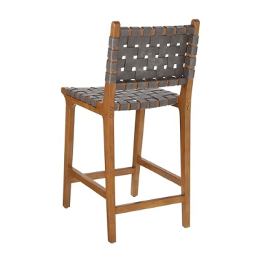 Ball & Cast Faux Leather Woven Counter Height Stool Kitchen Wooden Barstools, 24 inch Seat Height, Dark Grey