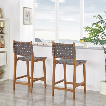 Ball & Cast Faux Leather Woven Counter Height Stool Kitchen Wooden Barstools, 24 inch Seat Height, Dark Grey